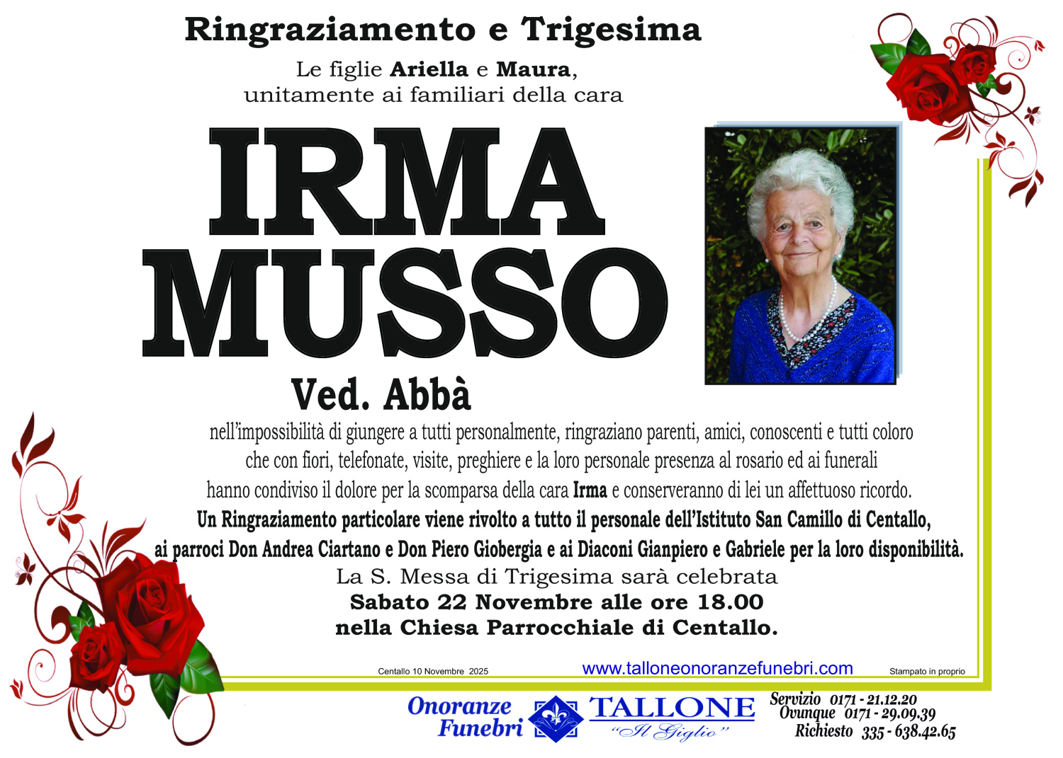 <br />
<b>Warning</b>:  Undefined variable $info in <b>/home/tallone/public_html/ringraziamenti.php</b> on line <b>68</b><br />
Irma Musso